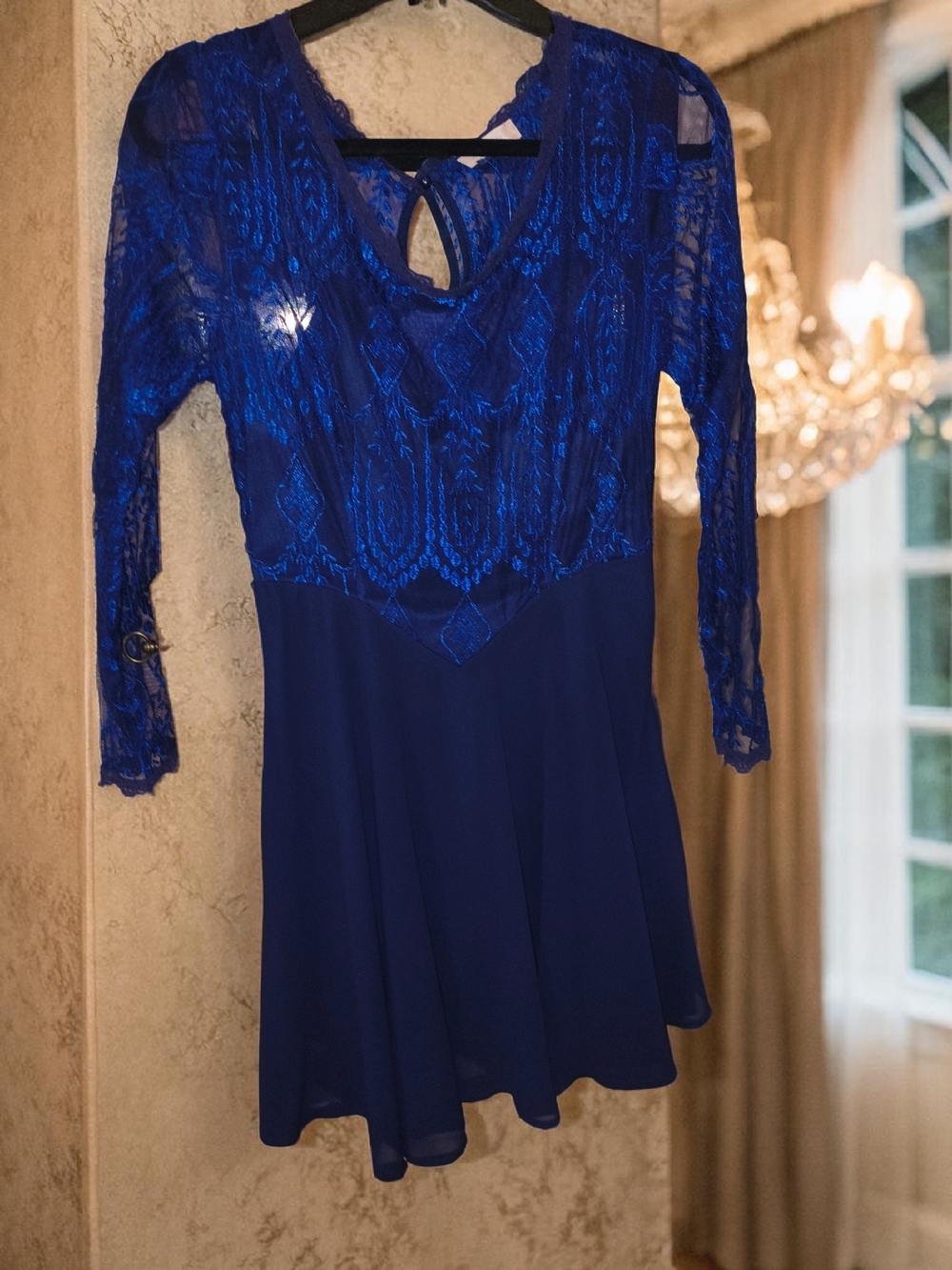 Altar'd State Royal Blue Long Sleeve Lace Fit-and-Flare Dress Size M - Picture 3 of 7